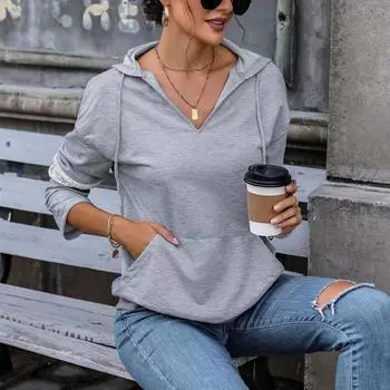 Осенняя модная толстовка с капюшоном и длинными рукавами S серый