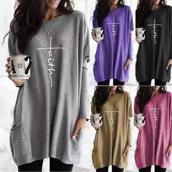 Осенняя модная женская блузка с длинным рукавом с буквенным принтом, повседневная футболка с карманом Faith, женская блузка, туника, топы, большие размеры L чёрный