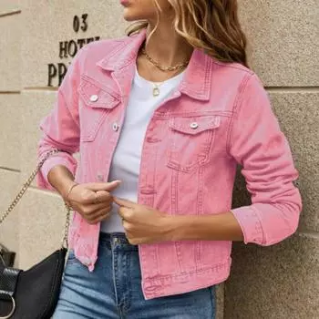 Осенняя модная женская джинсовая куртка, винтажная повседневная джинсовая куртка с длинным рукавом, женское однотонное тонкое зимнее пальто с карманами на пуговицах 29029 M красный