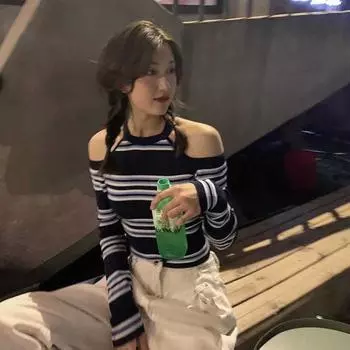 Осенняя модная женская футболка, короткая, универсальная, полосатая, с длинным рукавом, городской стиль, полиэстер, доступные размеры S синий