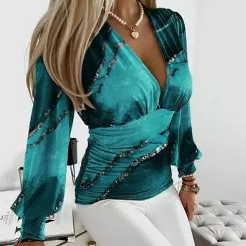 Осенняя модная женская рубашка с длинным рукавом и V-образным вырезом с принтом S чёрный