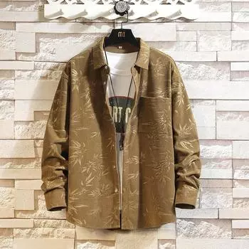 Осенняя мужская бархатная рубашка в японском стиле с темным узором, жаккардовая свободная рубашка большого размера с длинными рукавами для мужчин M чёрный