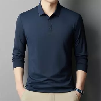 Осенняя мужская дышащая футболка, поло для среднего возраста, новая универсальная однотонная рубашка с длинным рукавом и лацканами, модная повседневная M