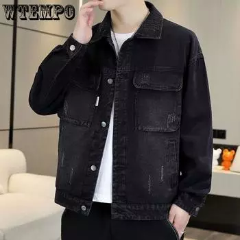 Осенняя мужская джинсовая куртка, синяя модная повседневная эластичная уличная джинсовая куртка на пуговицах M
