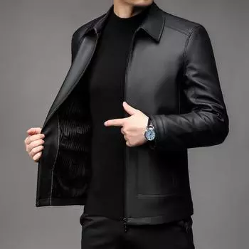 Осенняя мужская флисовая куртка из натуральной овчины, повседневная кожаная куртка для папы M