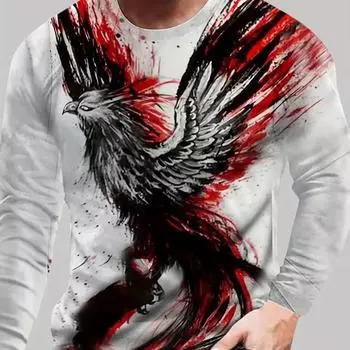 Осенняя мужская футболка с длинным рукавом большого размера с кубическим принтом животных и круглым вырезом, повседневная винтажная рубашка с изображением орла S