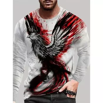 Осенняя мужская футболка с длинным рукавом большого размера с кубическим принтом животных и круглым вырезом, повседневная винтажная рубашка с изображением орла L