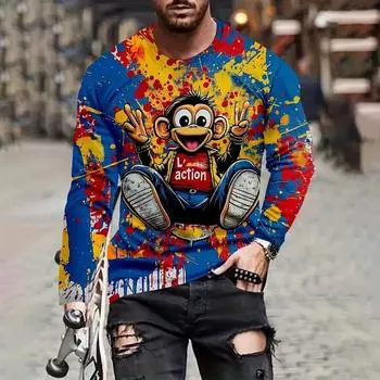 Осенняя мужская футболка с длинным рукавом, футболки с принтом животных Castrol, забавная футболка с 3D-принтом, свободная мужская одежда больших размеров L