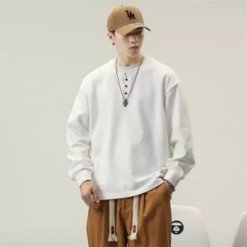 Осенняя мужская футболка с длинными рукавами из плотного хлопка, свободная, большого размера, американская модная марка, повседневная рубашка с воротником Генри, свитер M чёрный