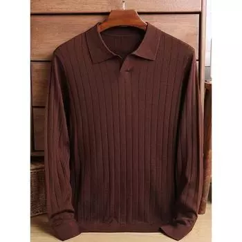Осенняя мужская футболка с длинными рукавами из чистой шерсти с лацканами, высококачественная рубашка поло с воротником-ласточкой из камвольной пряжи 48-го калибра M