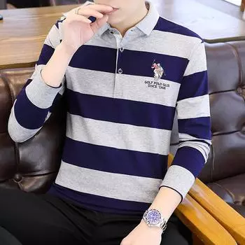 Осенняя мужская футболка с длинными рукавами, полосатая хлопковая деловая рубашка с лацканами, мужская рубашка поло L светло-серый