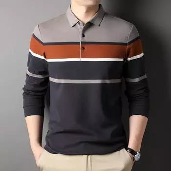 Осенняя мужская футболка с длинными рукавами с лацканами, новая мужская удобная хлопковая повседневная деловая рубашка поло в градиентную полоску M