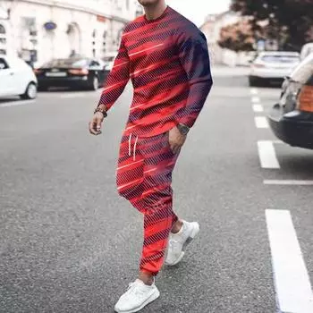 Осенняя мужская футболка свободного покроя с длинным рукавом и брюками, комплект из 2 предметов, повседневный спортивный костюм с 3D-принтом, брюки, костюмы, футболка, спортивные штаны S