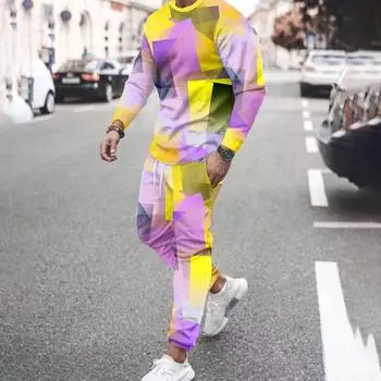 Осенняя мужская футболка свободного покроя с длинным рукавом и брюками, комплект из 2 предметов, повседневный спортивный костюм с 3D-принтом, брюки, костюмы, футболка, спортивные штаны S