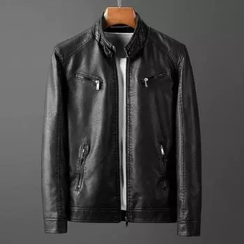 Осенняя мужская кожаная куртка мужская облегающая модная кожаная куртка уличная повседневная мужская верхняя одежда из искусственной кожи M чёрный