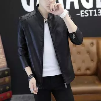 Осенняя мужская кожаная куртка, тонкое модное молодежное пальто 2XL чёрный