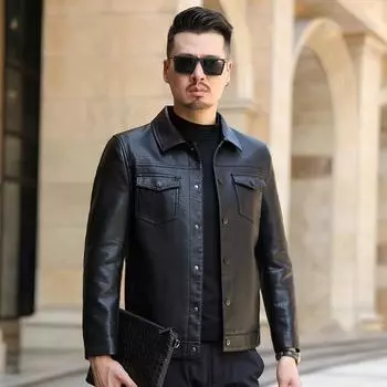 Осенняя мужская куртка из натуральной кожи, облегающая кожаная куртка с короткими лацканами для мужчин среднего и молодого возраста, мотоциклетная кожаная куртка 4XL