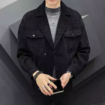 Осенняя мужская куртка с длинными рукавами в корейском стиле, повседневная облегающая рабочая одежда, облегающая вельветовая куртка, модный тренд M чёрный