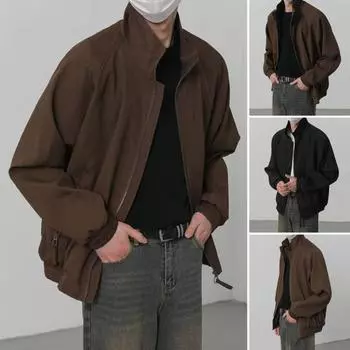 Осенняя мужская куртка с лацканами, длинным рукавом, эластичным подолом, застежкой-молнией, однотонное пальто в стиле ретро, повседневная верхняя одежда M чёрный