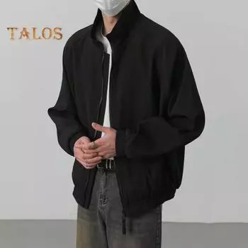 Осенняя мужская куртка с лацканами, длинным рукавом, эластичным подолом, застежкой-молнией, однотонное пальто в стиле ретро, повседневная верхняя одежда M чёрный