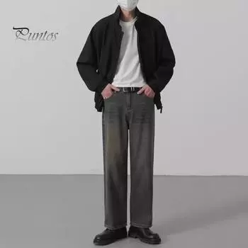 Осенняя мужская куртка с лацканами, длинным рукавом, эластичным подолом, застежкой-молнией, однотонное пальто в стиле ретро, повседневная верхняя одежда M чёрный