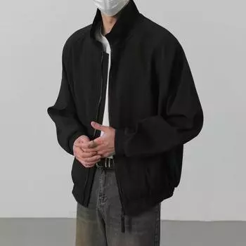Осенняя мужская куртка с лацканами, длинным рукавом, эластичным подолом, застежкой-молнией, пальто, однотонное M чёрный