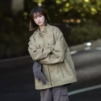 Осенняя мужская мода повседневная кожаная куртка в стиле Гонконга с воротником-стойкой, свободная M