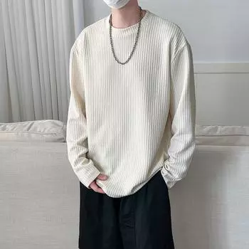 Осенняя мужская мода с круглым вырезом и длинным рукавом, пуловеры, мужская одежда, однотонные трикотажные повседневные футболки, мужские универсальные корейские топы M белый