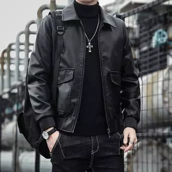 Осенняя мужская модная кожаная куртка зеленая красивая тонкая мотоциклетная куртка кожаная куртка мужская модная M