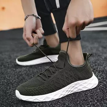 Осенняя мужская обувь Fly-Woven Mesh Кроссовки для пары больших размеров Повседневная обувь для бега на открытом воздухе Дышащая низкая модная обувь 36 армия зеленый