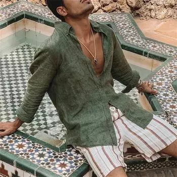 Осенняя мужская однотонная хлопково-льняная свободная свободная рубашка-поло с воротником-поло и длинным рукавом, пляжная рубашка для мужчин S зелёный