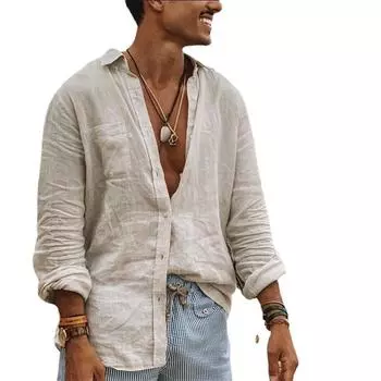 Осенняя мужская однотонная хлопково-льняная свободная свободная рубашка-поло с воротником-поло и длинным рукавом, пляжная рубашка для мужчин S зелёный