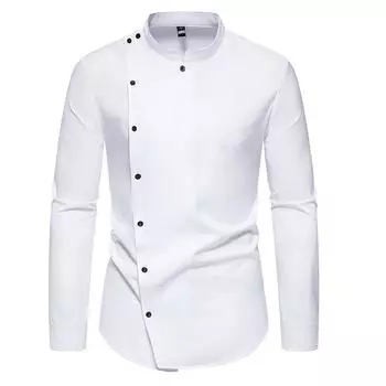 Осенняя мужская однотонная рубашка с длинным рукавом, повседневная однотонная рубашка для шеф-повара ресторана, мужская повседневная рубашка с диагональными пуговицами для работы US L чёрный