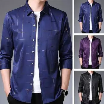 Осенняя мужская официальная рубашка с клетчатым принтом и лацканами, с длинным рукавом и накладным карманом, однобортная облегающая рубашка для выпускного, уличная одежда L фиолетовый
