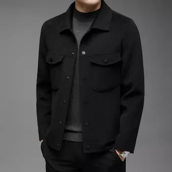 Осенняя мужская повседневная однотонная шерстяная куртка с отложным воротником XXXL чёрный