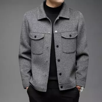 Осенняя мужская повседневная однотонная шерстяная куртка с отложным воротником S чёрный