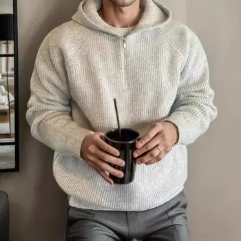 Осенняя мужская повседневная однотонная толстовка с капюшоном и застежкой-молнией на половину длины XXXL чёрный