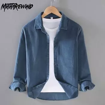 Осенняя мужская повседневная рубашка из чистого хлопка с длинным рукавом, однотонная вельветовая рубашка с отложным воротником на пуговицах M розовый