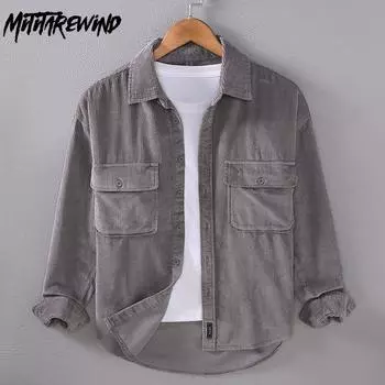 Осенняя мужская повседневная рубашка в японском стиле ретро, вельветовая рубашка с длинным рукавом, мужская повседневная рубашка из чистого хлопка с воротником-лацканом и двойными карманами M серый