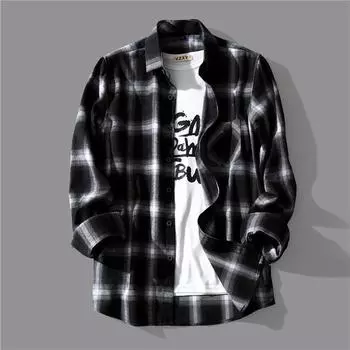Осенняя мужская повседневная свободная клетчатая рубашка с длинным рукавом XXXL чёрный