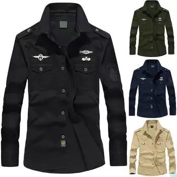 Осенняя мужская повседневная военная рубашка-карго с длинными рукавами и тонкой блузкой на пуговицах M армия зеленый