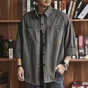 Осенняя мужская рубашка-карго с длинным рукавом, повседневная корейская мода, большие блузки, Hombre High Street Y2K, футболка, мешковатая куртка XXL чёрный