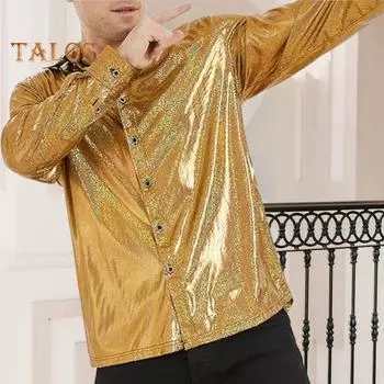 Осенняя мужская рубашка с блестящей поверхностью, отложным воротником, однобортная, с длинными рукавами, свободная, однотонная, для рождественской вечеринки, ночного клуба, танцев, уличная одежда M золотистый
