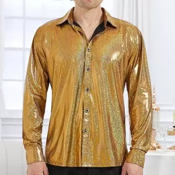 Осенняя мужская рубашка с блестящей поверхностью, отложным воротником, однобортная, с длинными рукавами, свободная, однотонная, для рождественской вечеринки, ночного клуба, танцев, уличная одежда M золотистый