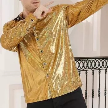 Осенняя мужская рубашка с блестящей поверхностью, отложным воротником, однобортная, с длинными рукавами, свободная, однотонная, для рождественской вечеринки M золотистый