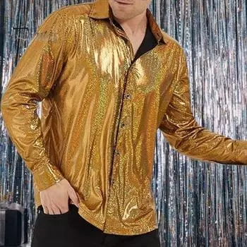 Осенняя мужская рубашка с блестящей поверхностью, отложным воротником, однобортная, с длинными рукавами, свободная, однотонная, для рождественской вечеринки, ночного клуба, танцев, уличная одежда XXL золотистый