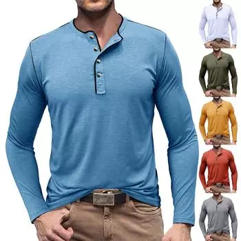 Осенняя мужская рубашка с длинным рукавом и круглым вырезом, однотонный топ из хлопка Slub L жёлтый