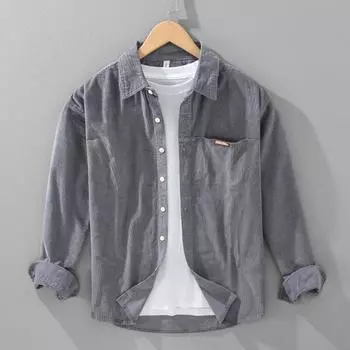 Осенняя мужская рубашка с длинным рукавом в стиле ретро, повседневная вельветовая рубашка из чистого хлопка, мужская рубашка с воротником-лацканами и карманами на пуговицах M серый