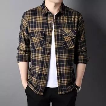 Осенняя мужская рубашка с длинными рукавами в клетку с лацканами, молодежная корейская версия модной повседневной тонкой рубашки M