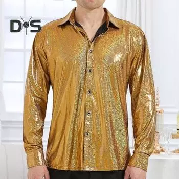 Осенняя мужская рубашка с глянцевой поверхностью, отложным воротником, однобортная, с длинными рукавами, свободная, однотонная, для рождественской вечеринки, ночного клуба, танцев, уличная одежда M золотистый